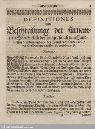 Definitiones und Beschreibungen de fürnemsten Wort/ welche der jenige/ so sich zum Landmessen begeben/ und von der Kunst recht reden will/ vor allen Dingen wol wissen und verstehen muß.
