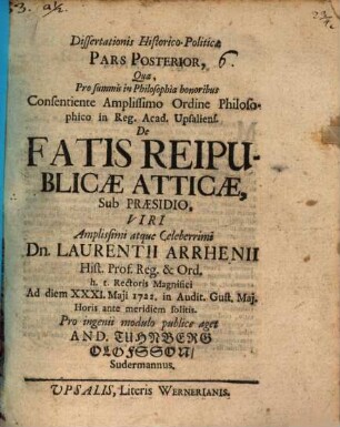 Diss. hist. pol. pars posterior ... de fatis reipublicae Atticae