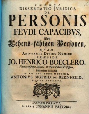 Dissertatio Jvridica De Personis Fevdi Capacibvs, Von Lehens-fähigen Personen