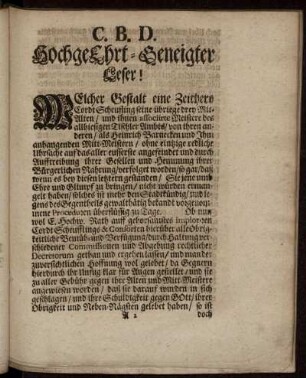 C.B.D. Hochgeehrt-geneigter Leser!