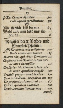 Register derer Vesper- und Complet-Psalmen.