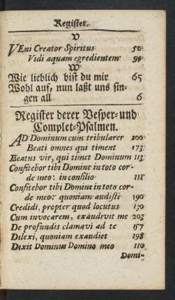 Register derer Vesper- und Complet-Psalmen.