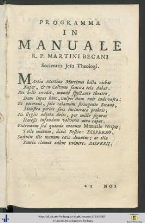Programma In Manuale R. P. Martini Becani Societatis Jesu Theologi.