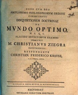 Disquisitio doctrinae de mundo optimo