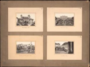 Villa Pincio, Villa Medici, Villa Albani, Rom: Teilansichten der Gärten, perspektivische Ansicht