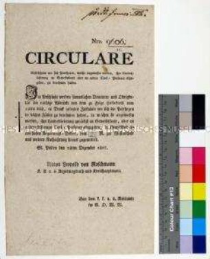 Zirkular des Kreisamtes St. Pölten über die Regelung der Abgabe von Landeslieferungen an Gewerbetreibende oder andere Zivilisten; Sankt Pölten, 28. Dez. 1807