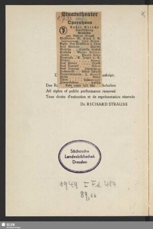 Besetzungszettel vom 1.7.1933 Opernhaus [Dresden]
