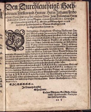 Den Durchleuchtige/ Hochgebornen Fürsten vnd Herren/ Herrn Johann Friderichen: Herrn Ludwig Friderichen...