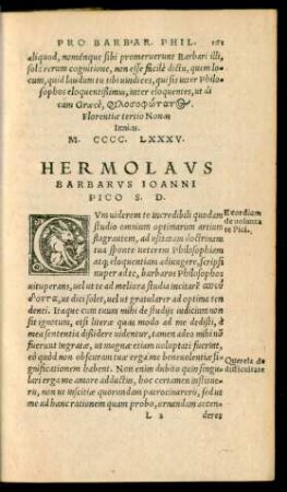 Hermolaus Barbarus Ioanni Pico S. D.
