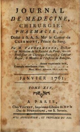 Journal de médecine, chirurgie, pharmacie. 14. 1761