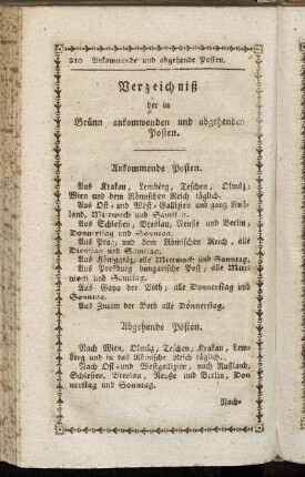 Verzeichniß der in Brünn ankommenden und abgehenden Posten.