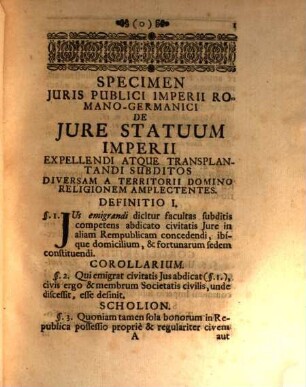 Specimen iuris publici Imperii Romano-Germanici de iure statuum Imperii expellendi, atque transplantandi subditos, diversam a territorii domino religionem amplectentes