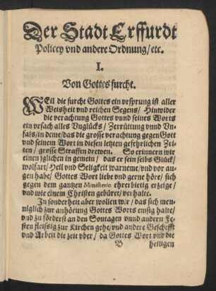 Der Stadt Erffurdt Policey und andere Ordnung/ etc.
