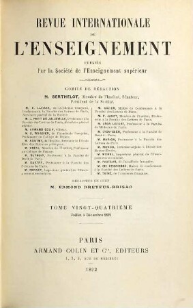 Revue internationale de l'enseignement. 24. 1892