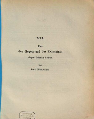 Über den Gegenstand der Erkenntnis. Gegen Heinrich Rickert
