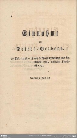 Einnahme an Defect-Geldern