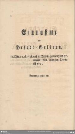 Einnahme an Defect-Geldern