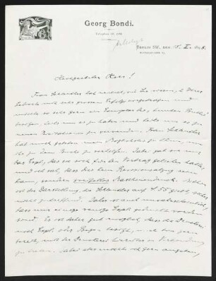 Brief von Georg Bondi an Gerhart Hauptmann