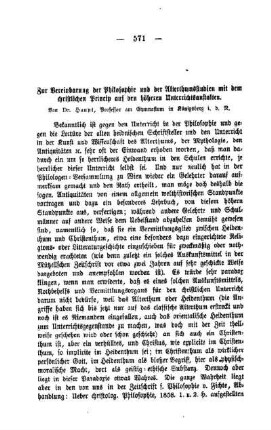 Zur Vereinbarung der Philosophie und der Alterthumsstudien mit dem christlichen Princip auf den höheren Unterrichtsanstalten