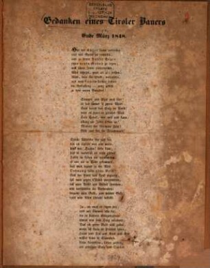 Gedanken eines Tiroler Bauers zu Ende März 1848 : [Kopftitel] (Gedicht.)