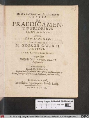 Disputationum Logicarum Tertia De Praedicamentis Prioribus Tribus Absolutis