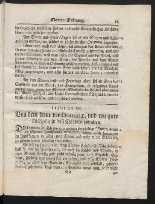 Titulus XII. Von dem Amt der Dominae, und wy gute Disciplin in den Clöstern zuhalten.