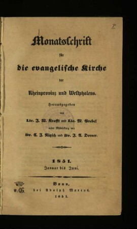 Monatsschrift für die evangelische Kirche der Rheinprovinz und Westphalens/1851
