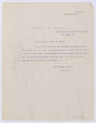 Schreiben an Paul Westheim, z. Zt. Frankfurt a. Main (Brief)