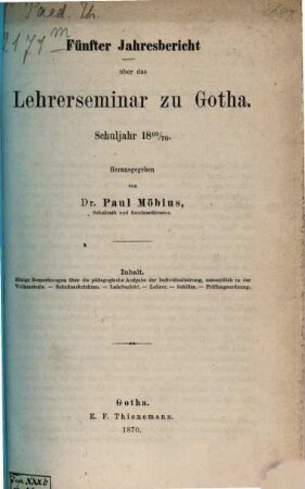 Jahresbericht des Herzoglichen Lehrerseminars zu Gotha : Schuljahr ..., 5. 1869/70 (1870)