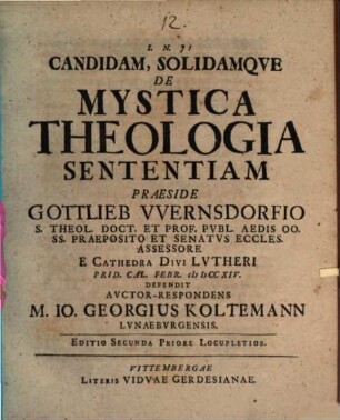 Candidam, Solidamqve De Mystica Theologia Sententiam