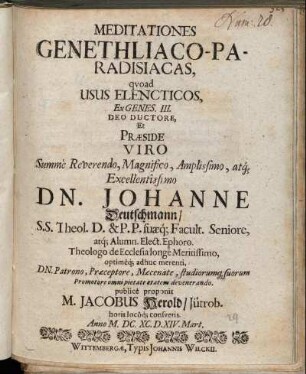 Meditationes Genethliaco-Paradisiacas, quoad Usus Elencticos, Ex Genes. III.