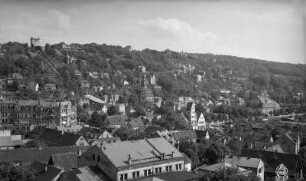 Dresden-Loschwitz. Blick vom Blauen Wunder nach Osten gegen Schwebeseilbahn