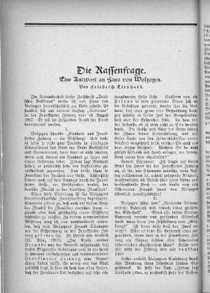 Die Rassenfrage. Eine Antwort an Hans von Wolzogen. Von Friedrich Lienhard.