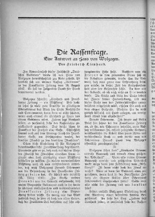 Die Rassenfrage. Eine Antwort an Hans von Wolzogen. Von Friedrich Lienhard.
