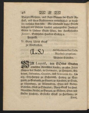 WIR Leopold, von GOttes Gnaden erwehlter Römischer Kayser, ...