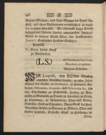 WIR Leopold, von GOttes Gnaden erwehlter Römischer Kayser, ...