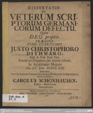 Dissertatio De Veterum Scriptorum Germanicorum Defectu
