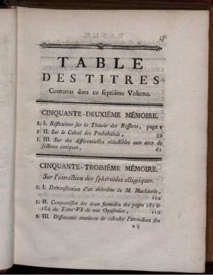 Table des titres.