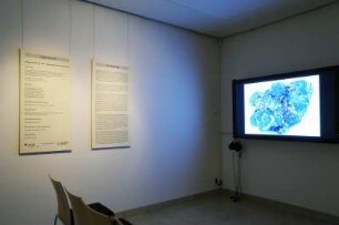 SLUB, Ausstellung "Gespräche mit der Erde. Geowissenschaften in Sachsen" : Ausstellungspräsentation im Buchmuseum mit Videobildschirm