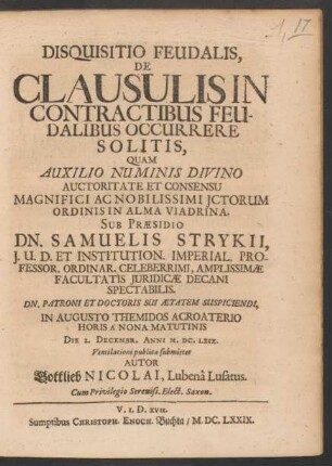 Disquisitio Feudalis, De Clausulis In Contractibus Feudalibus Occurrere Solitis