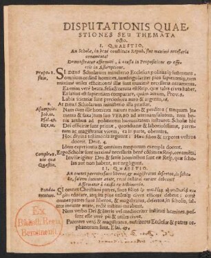 Disputationis Quaestiones Seu Themata octo.