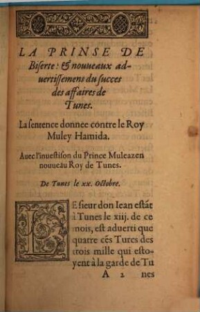 La Prinse De Biserte Et Novveavx Advertissemens Dv Svcces des affaires de Tunes : La sentence donnee contre le Roy Mulei Hamida ; Auec l'inuestison du Prince Muleazen nouueau Roy de Tunes