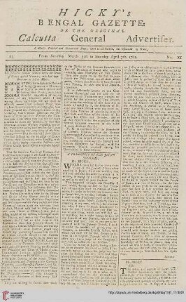 11: Hicky's Bengal gazette, or The original Calcutta general advertiser