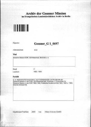 Gossner Mission DDR, Schriftwechsel, Berichte u. a.