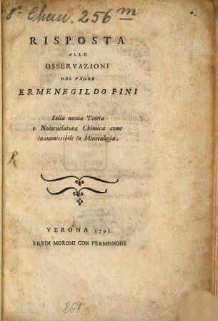 Risposta alle osservazioni di P. Ermenegildo Pini sulla nuova Teoria ... Chimica