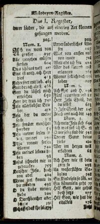 Das I. Register, derer Lieder, die auf einerley Art können gesungen werden.