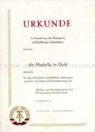 Urkunde zur Medaille in Gold der Bewegung "Unfallfreies Arbeiten" (blanko)