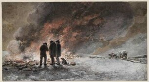 Drei Männer am Lagerfeuer im Schnee