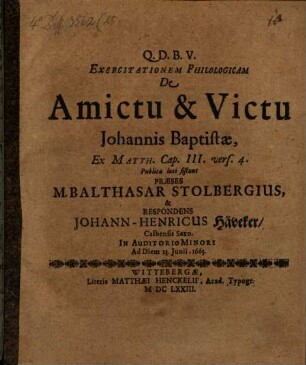 Exercitationem philologicam de amictu & victu Johannis Baptistae