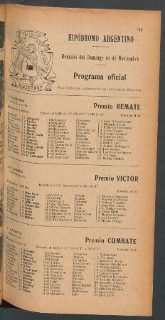 Hipódromo Argentino -Reunión del Domingo 10 de Noviembre [de 1907] - Programa oficial